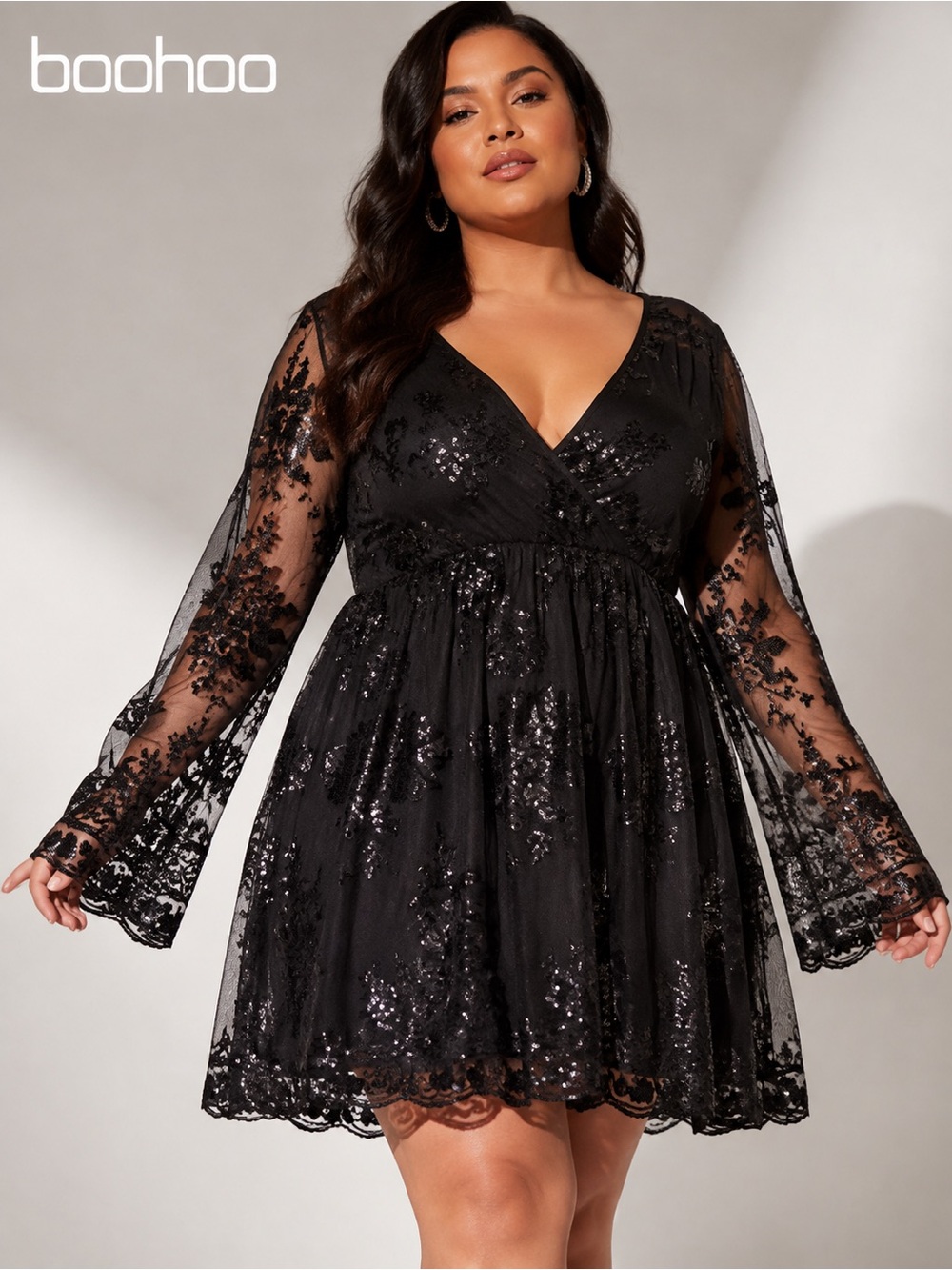 NWT Boohoo Plus Floral Sequin Wrap Skater Dress Black Size US 16 Holiday PartY